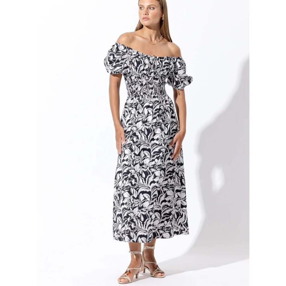 Lusana S Hazel Off-Shoulder Poplin Midi Dress Fleur Puff Sleeve Smocked Waist